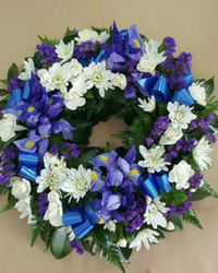 Blue and white wreath of flowers in Bendigo